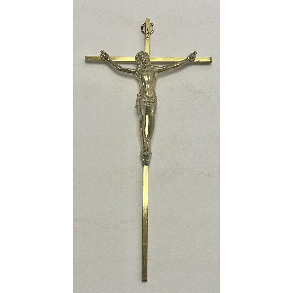 INRI Brass Metal Crucifix Wall Hanging Jesus‎ On The Cross 10” X 5”